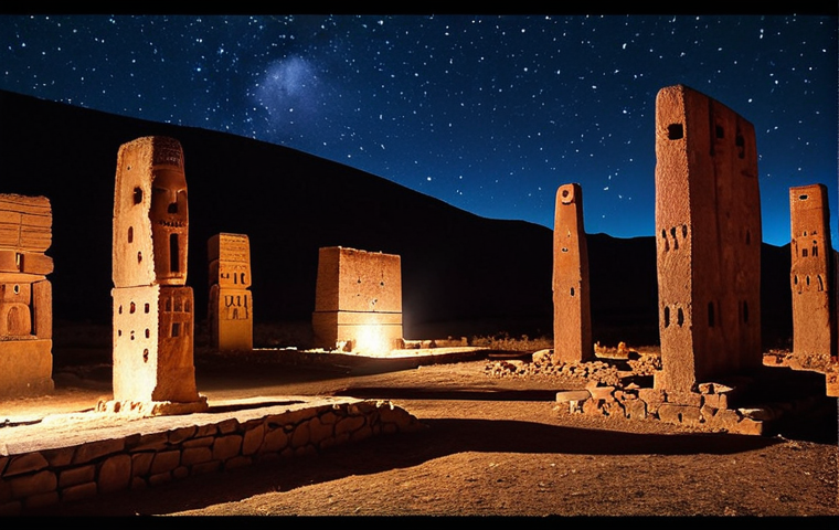 **Prompt:** Bolivian Altiplano at night, illuminated by strange, erratically moving lights in the sky. Ancient Tiwanaku ruins in the foreground. Add a sense of mystery and wonder, suggesting possible extraterrestrial connection.