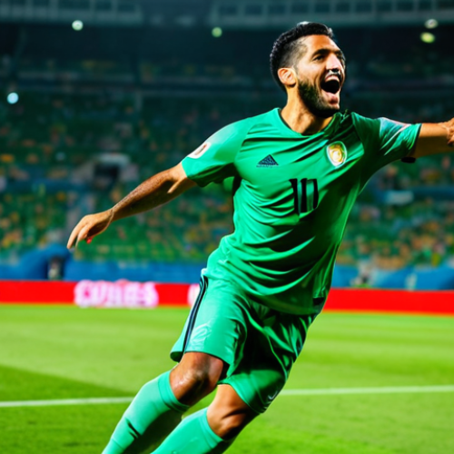A dynamic professional male footballer, Marcelo Martins Moreno, in a South American stadium. He is captured mid-action, powerfully striking a football towards the goal, or celebrating a goal with pure passion and joy. He is fully clothed in a modest, appropriate, professional football kit, showcasing athleticism and dedication. The background features a vibrant green pitch and the blurred, energetic atmosphere of a large stadium, under bright floodlights. Professional sports photography, high resolution, sharp focus, vibrant colors, detailed, safe for work, appropriate content, family-friendly, perfect anatomy, correct proportions, natural pose, well-formed hands, proper finger count, natural body proportions.