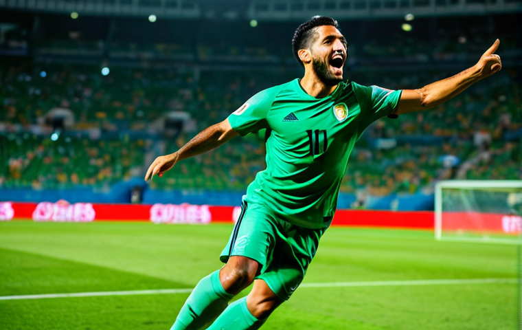 A dynamic professional male footballer, Marcelo Martins Moreno, in a South American stadium. He is captured mid-action, powerfully striking a football towards the goal, or celebrating a goal with pure passion and joy. He is fully clothed in a modest, appropriate, professional football kit, showcasing athleticism and dedication. The background features a vibrant green pitch and the blurred, energetic atmosphere of a large stadium, under bright floodlights. Professional sports photography, high resolution, sharp focus, vibrant colors, detailed, safe for work, appropriate content, family-friendly, perfect anatomy, correct proportions, natural pose, well-formed hands, proper finger count, natural body proportions.