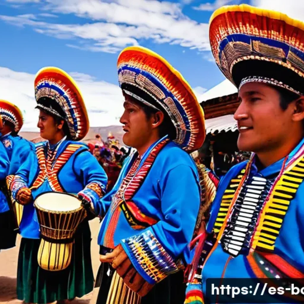 볼리비아 민속 음악 차랑고 - A detailed scene of a traditional Bolivian festival in Oruro, featuring musicians playing charangos ...