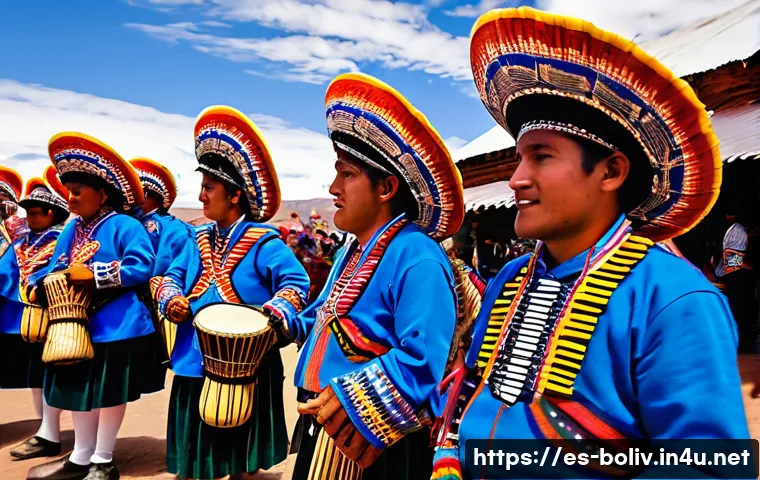 볼리비아 민속 음악 차랑고 - A detailed scene of a traditional Bolivian festival in Oruro, featuring musicians playing charangos ...