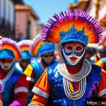볼리비아 전통 춤 모렌다 - A vibrant scene of Morenada dancers performing at the Carnaval de Oruro, Bolivia. The dancers wear r...