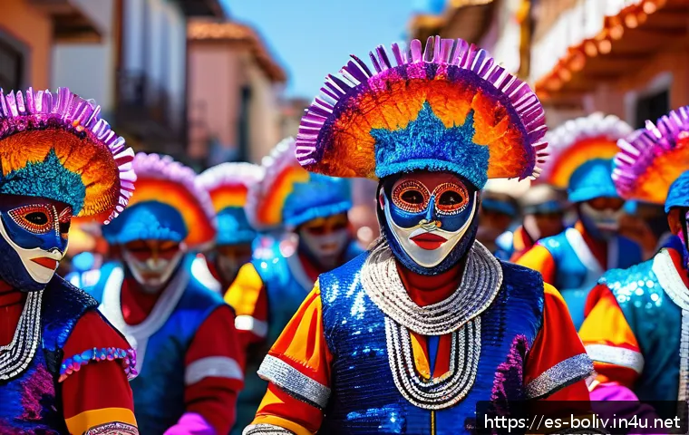 볼리비아 전통 춤 모렌다 - A vibrant scene of Morenada dancers performing at the Carnaval de Oruro, Bolivia. The dancers wear r...