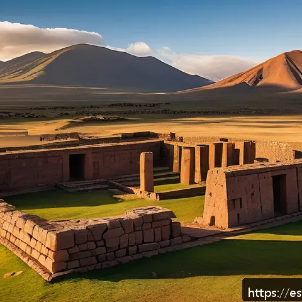 티와나쿠 유적지 역사 - A panoramic view of the ancient Tiwanaku archaeological site at sunrise, showcasing the perfectly ca...