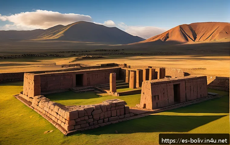 티와나쿠 유적지 역사 - A panoramic view of the ancient Tiwanaku archaeological site at sunrise, showcasing the perfectly ca...