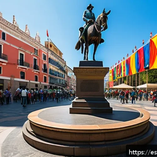 시몬 볼리바르와 볼리비아 - A grand public square in a vibrant Latin American city during a sunny day, featuring a large bronze ...