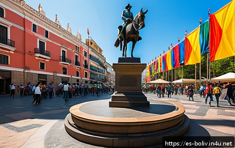 시몬 볼리바르와 볼리비아 - A grand public square in a vibrant Latin American city during a sunny day, featuring a large bronze ...