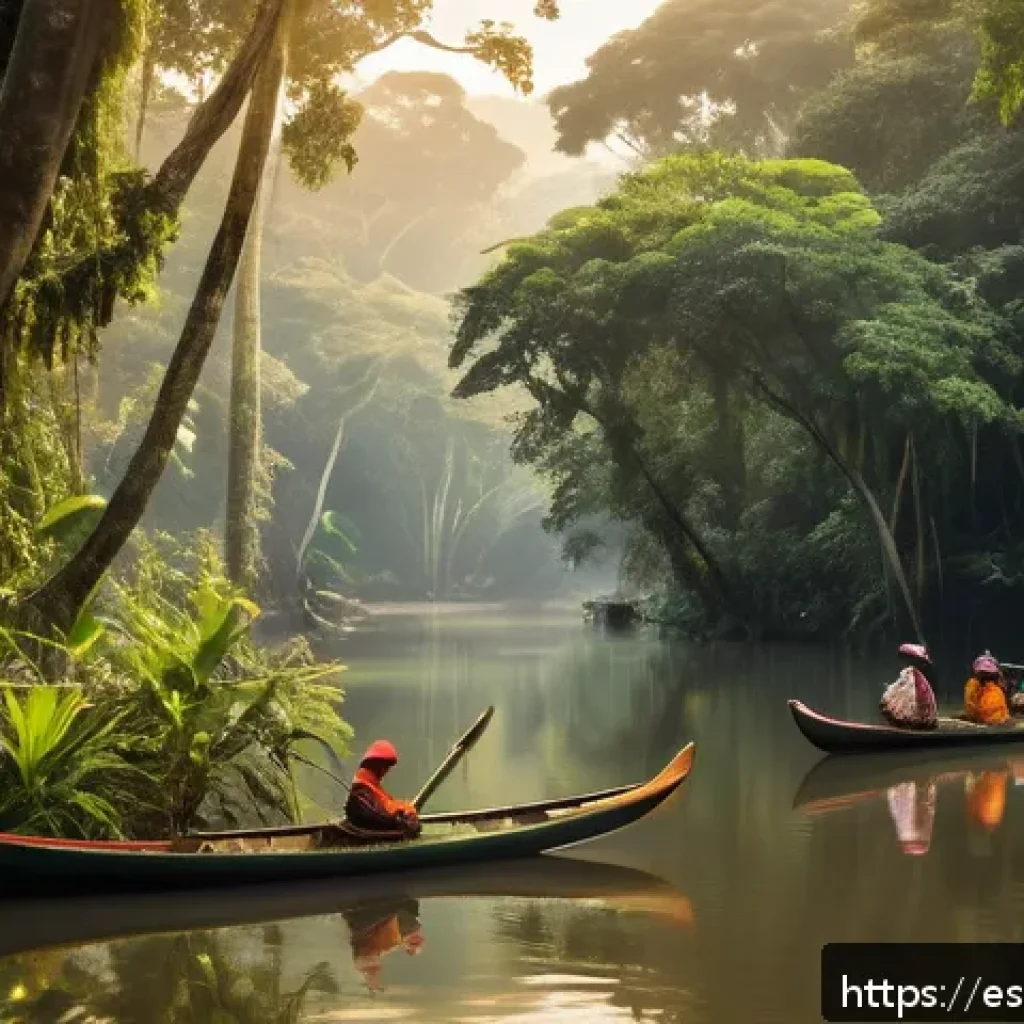 볼리비아에서 생태 관광 하기 - A vibrant scene of the Bolivian Amazon rainforest at sunrise, showcasing dense tropical foliage with...