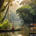 볼리비아에서 생태 관광 하기 - A vibrant scene of the Bolivian Amazon rainforest at sunrise, showcasing dense tropical foliage with...