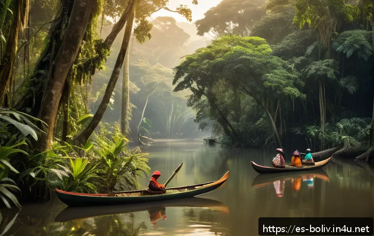 볼리비아에서 생태 관광 하기 - A vibrant scene of the Bolivian Amazon rainforest at sunrise, showcasing dense tropical foliage with...