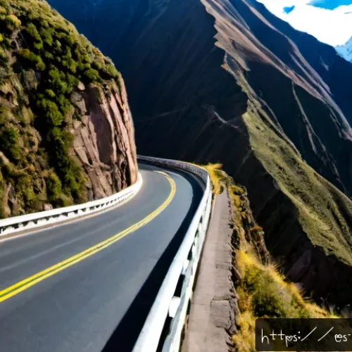 볼리비아 도로 및 대중교통 정보 - Photorealistic wide-angle view of a winding paved mountain highway in the Bolivian Andes near La Paz...