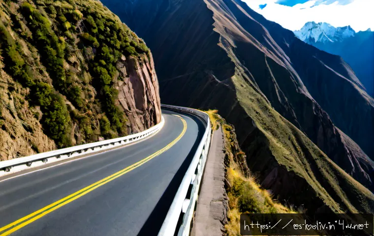 볼리비아 도로 및 대중교통 정보 - Photorealistic wide-angle view of a winding paved mountain highway in the Bolivian Andes near La Paz...