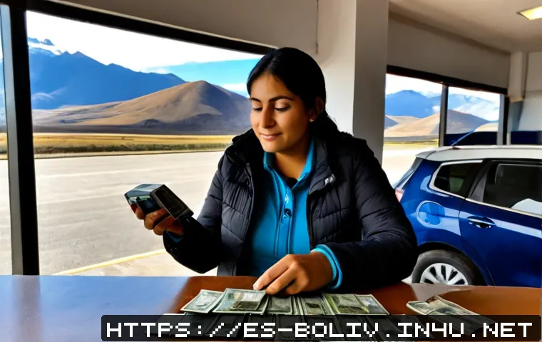 Home 17 볼리비아에서 자동차 렌트하기 - Photorealistic travel scene in Bolivia, a Spanish-speaking Latina traveler at a clean car rental cou...